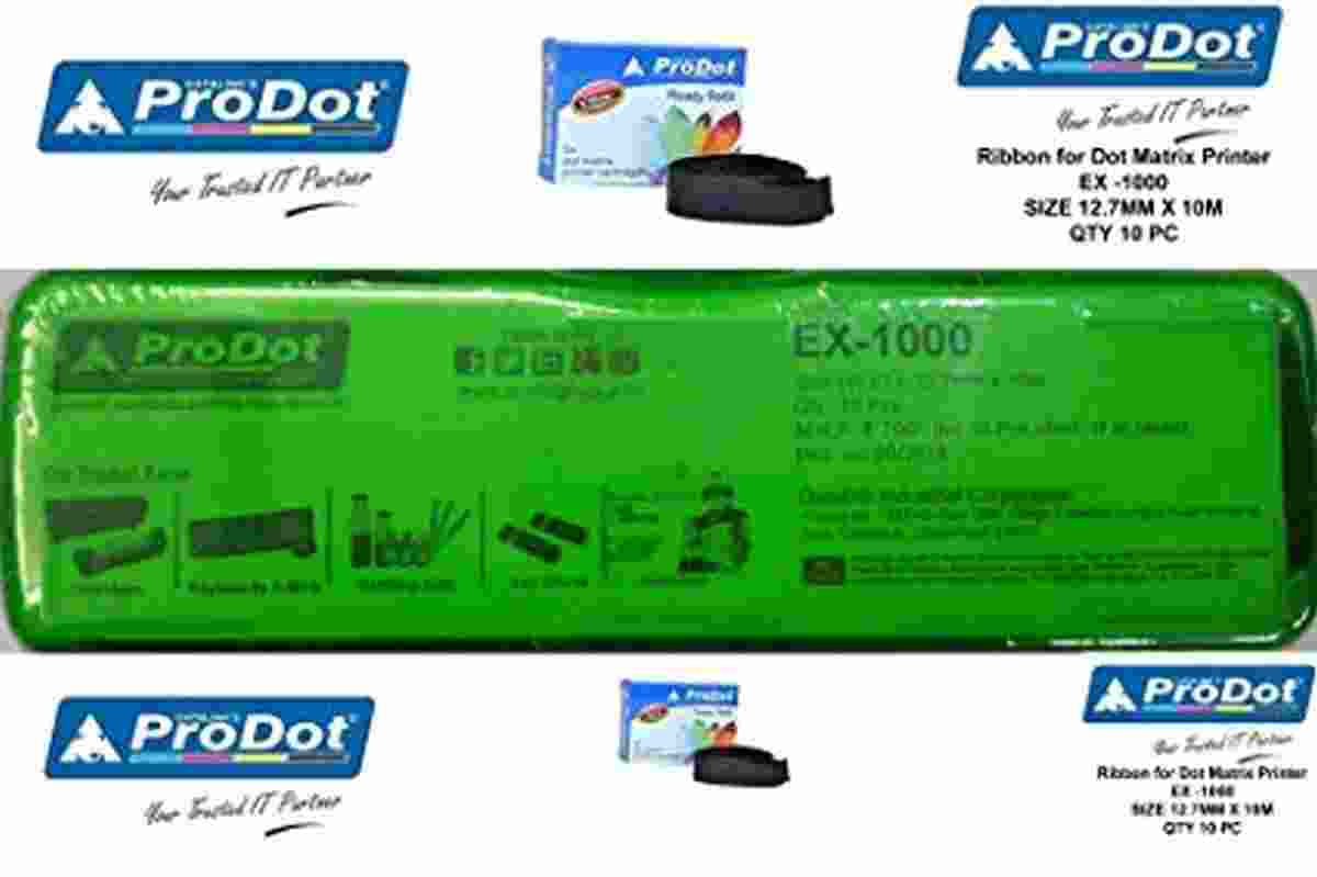 PRODOT Ribbon for DOT Matrix Printer EX-1000 Size (W X L) 12.7MM X 10M Pack of 10 Ready Refill