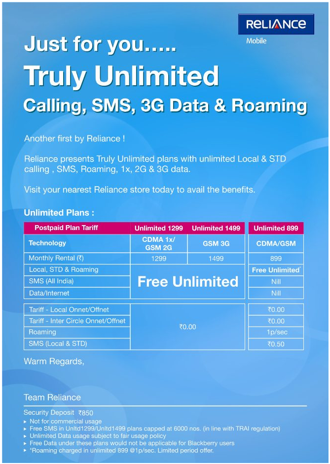 Reliance TRULY Unlimited Plans – Free UNLIMITED Local, STD Postpaid SIM Connection