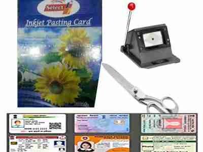 PVC Inkjet Pasting Sheet + Die Cutter + Heavy Scissor Complete Combo Kit For Making School, Office and All type of PVC Id Card